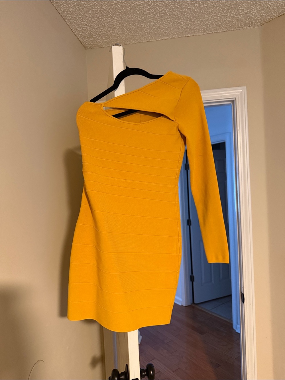 bebe One-Shoulder Long Sleeve Dress in Mustard - Picture 1 of 3